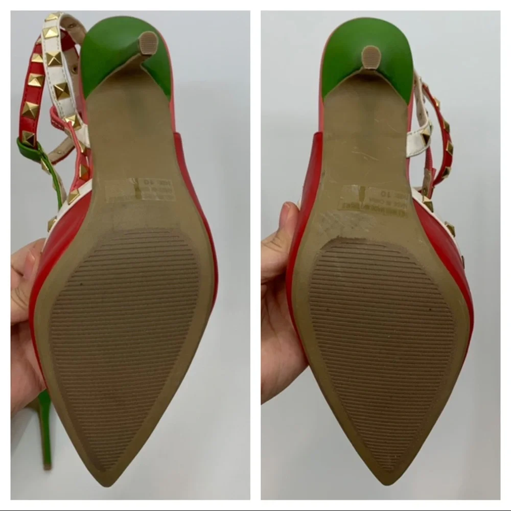 Wild Diva Lounge Red Pink Green White Colorblock Gold Studded T-Strap High Heels